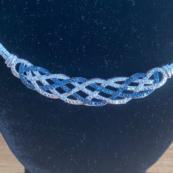 0.5ct TDW Blue Topaz & White Diamond Weave Omega Necklace Silver Plated - Picture 3 of 7